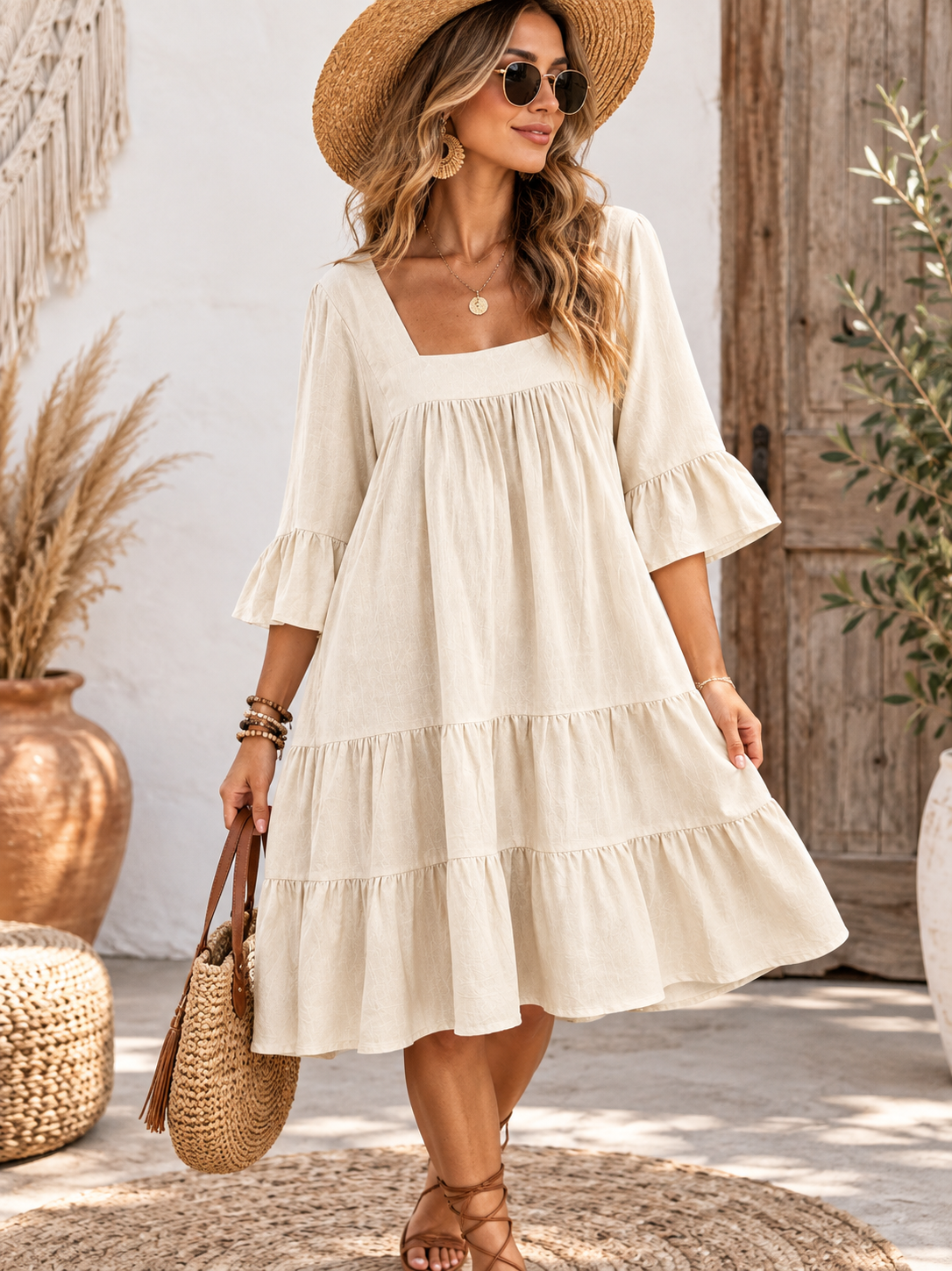 Vestido Malibú - Lino Manga Corta con Recortes Manga Volado