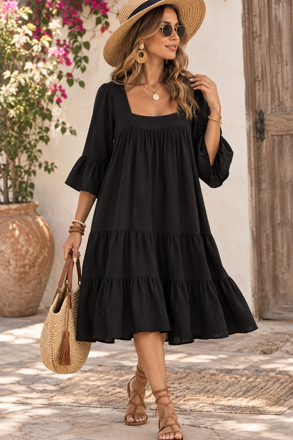 Vestido Malibú - Lino Manga Corta con Recortes Manga Volado