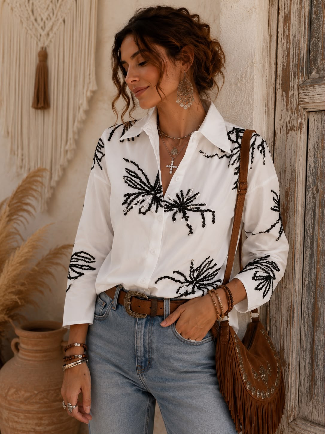 Camisa Premium "Rebeca" – Poplin con Hilos y Lentejuelas Bordadas