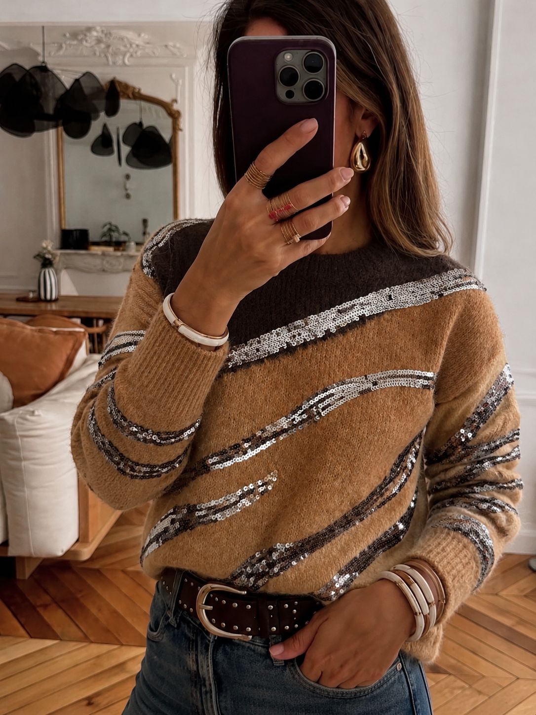 Sweater Premium Tricolor Cebra – diseño moderno con lentejuelas bordadas
