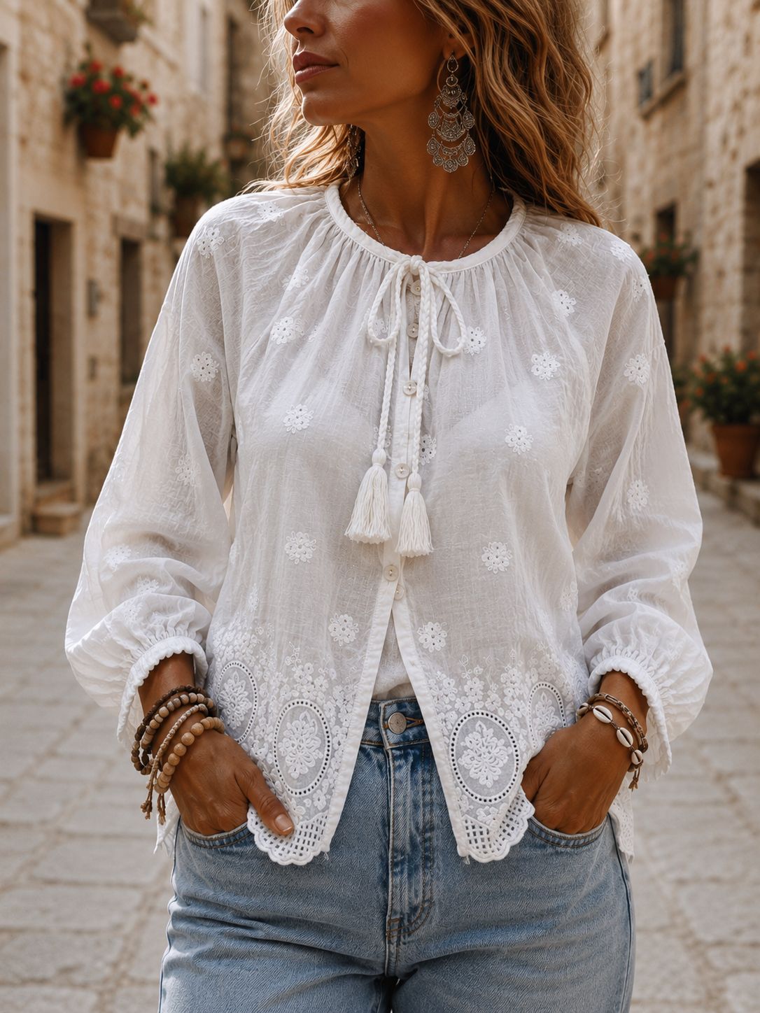 Camisola Premium Broderie Manga Globo – delicadeza y elegancia atemporal