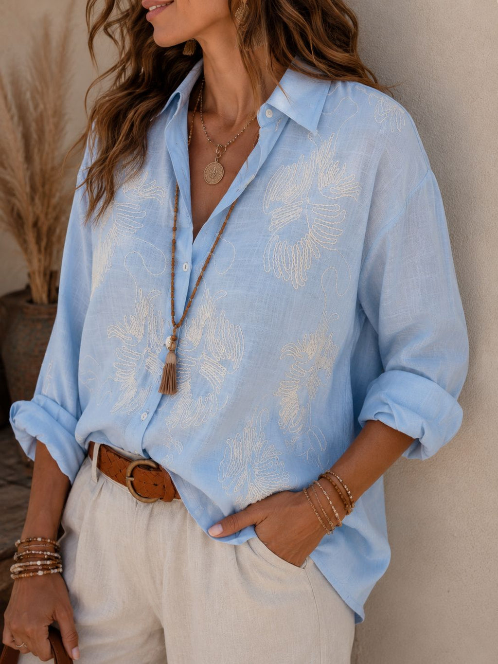 Camisa Premium "Barby" – lino largo con costuras bordadas