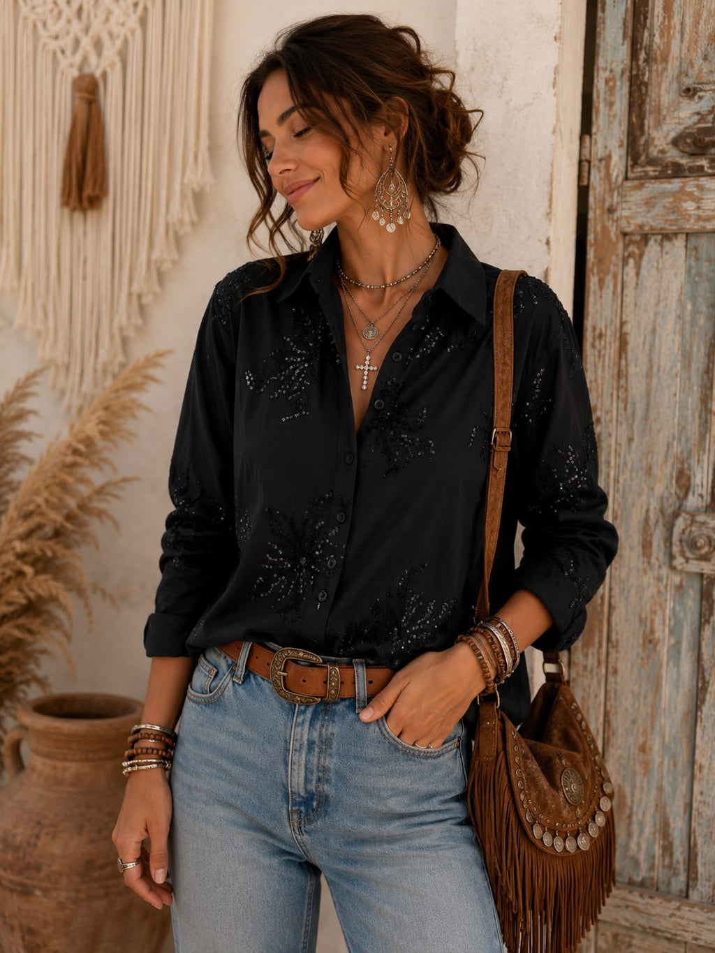 Camisa Premium "Rebeca" – Poplin con Hilos y Lentejuelas Bordadas