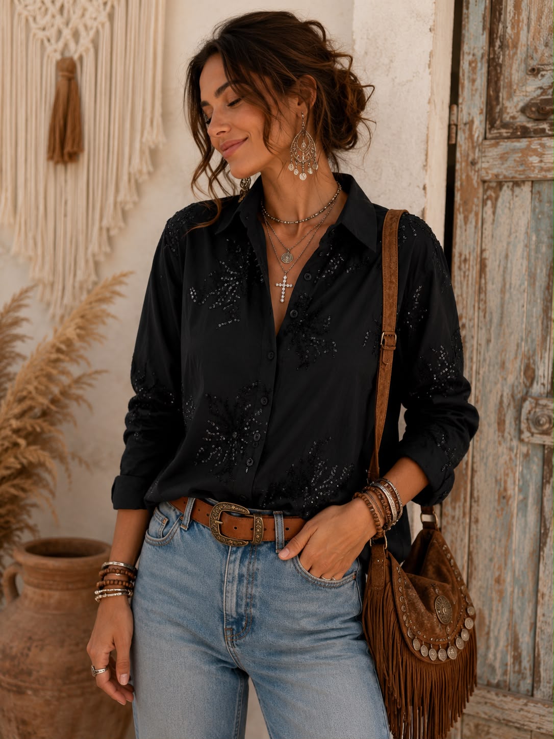 Camisa Premium "Rebeca" – Poplin con Hilos y Lentejuelas Bordadas