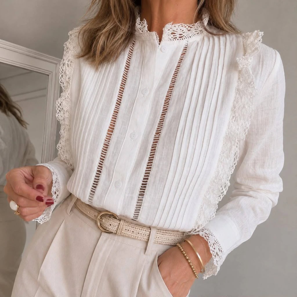 Camisa Premium "Sofía" – Tablitas y Cuello Bordado