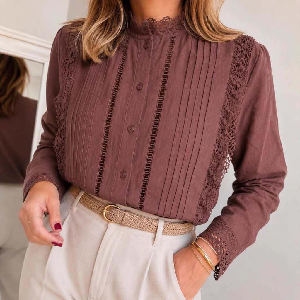 Camisa Premium "Sofía" – Tablitas y Cuello Bordado