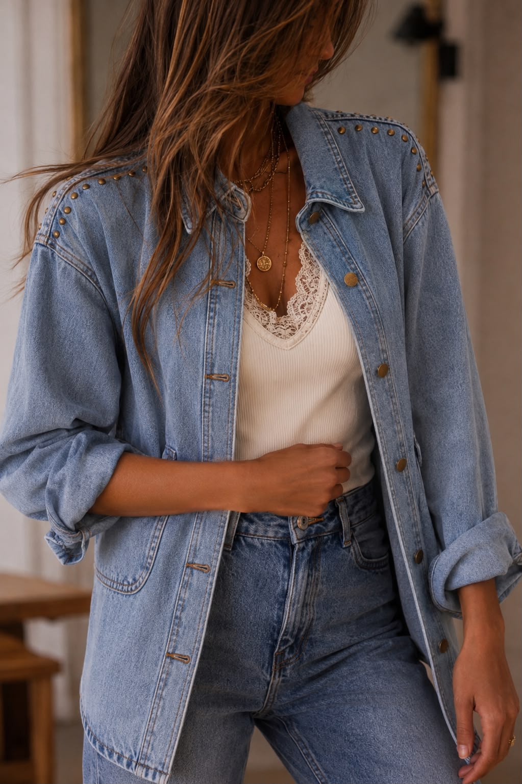 Camisaco Premium Jean con Bolsillos – oversize con tachas y actitud urbana